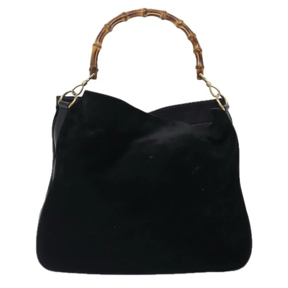 GUCCI Bamboo Hand Bag Suede 2way Black Gold 001 123 1577 Auth 93210 - Picture 3 of 14